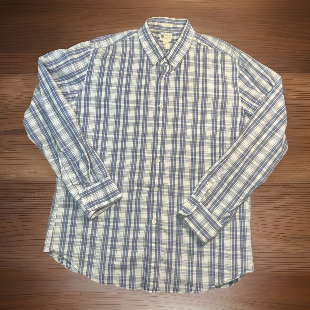 J.Crew Shirtings XL Plaid Button Down‎ Shirt Tailored Fit Blue Brown Cotton Mens